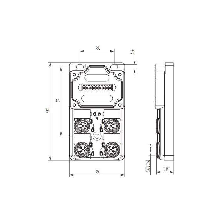 M12分线盒、单通道、PNP、4端口分体式、带LED、PCB端子、24P409