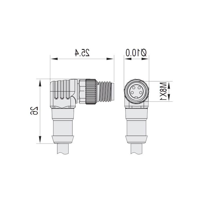 M8 4Pin、公头90°、单端预铸电缆、防焊渣PUR材质、橙色护套、63T581-XXX